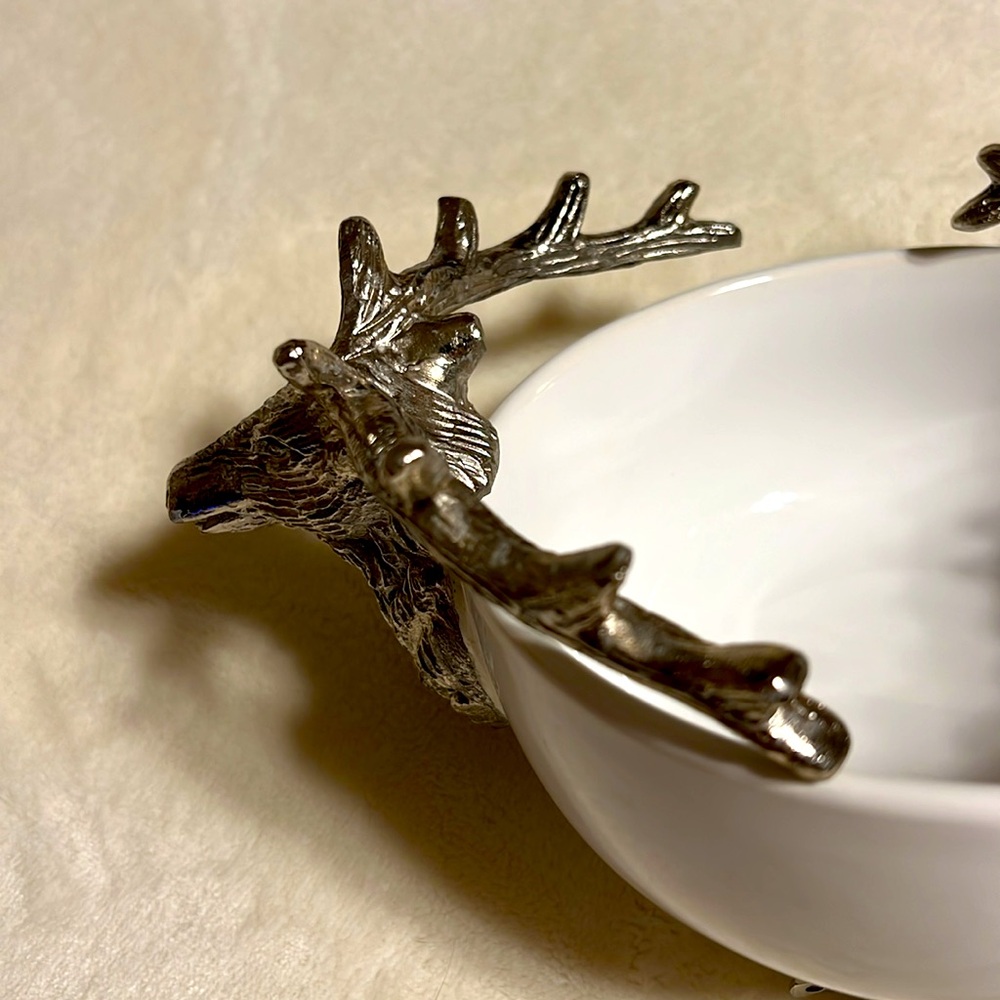 White Ceramic Bowl with Silver Deer Handles. Holiday Decor. 6.25” - Picture 4 of 9